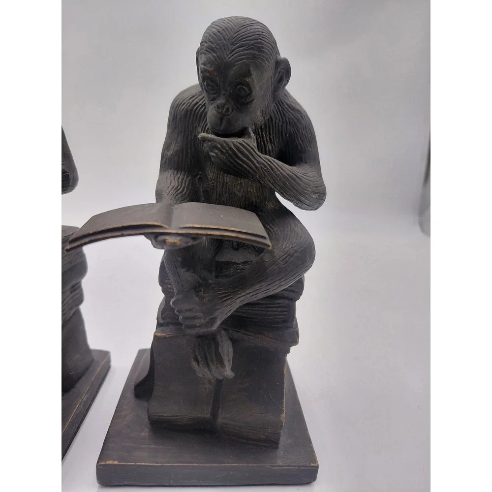 Vtg 2 Monkeys Reading Book Bookends The Thinker Ape Nature 7.5